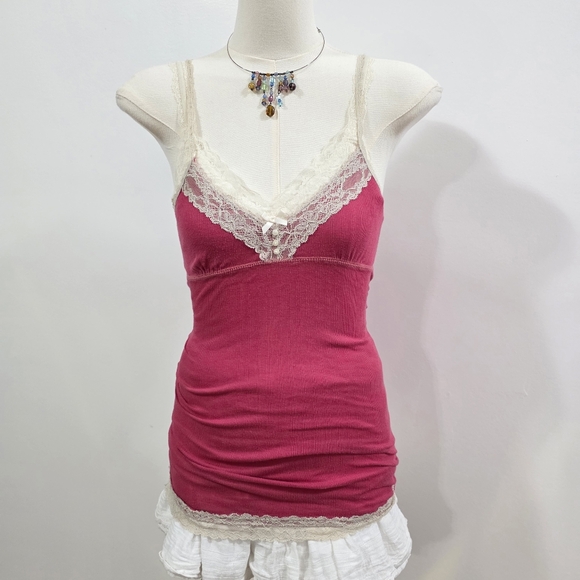 Abercrombie vintage hot pink ribbed lace button detail babydoll camisole - Picture 2 of 6